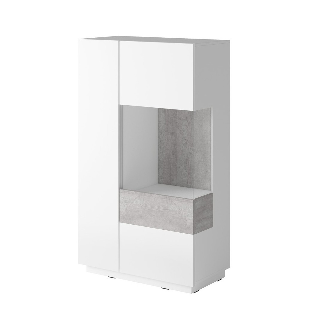 Buffet haut avec collection KILES deux portes. Coloris blanc et gris béton. Porte vitrée à droite