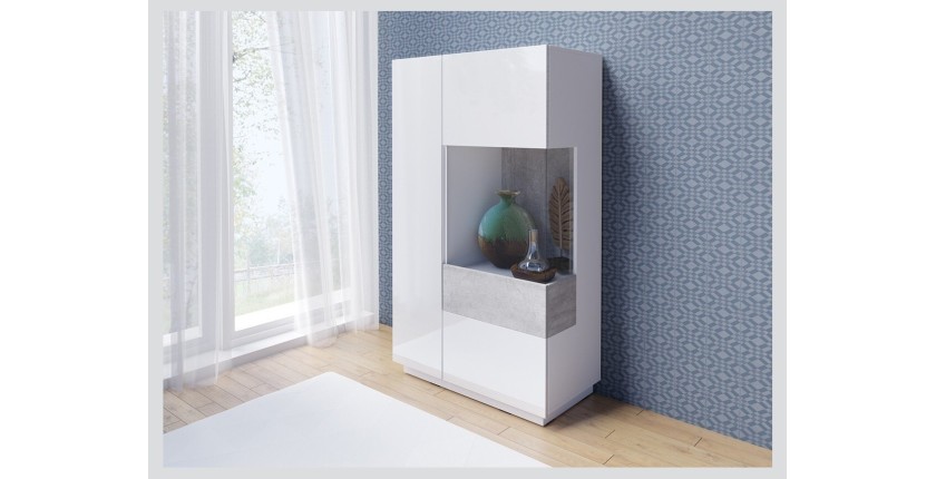 Buffet haut avec collection KILES deux portes. Coloris blanc et gris béton. Porte vitrée à droite