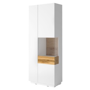 Vitrine, bibliothèque, vaisselier KILES coloris blanc et chêne. Modèle vitrine droite.