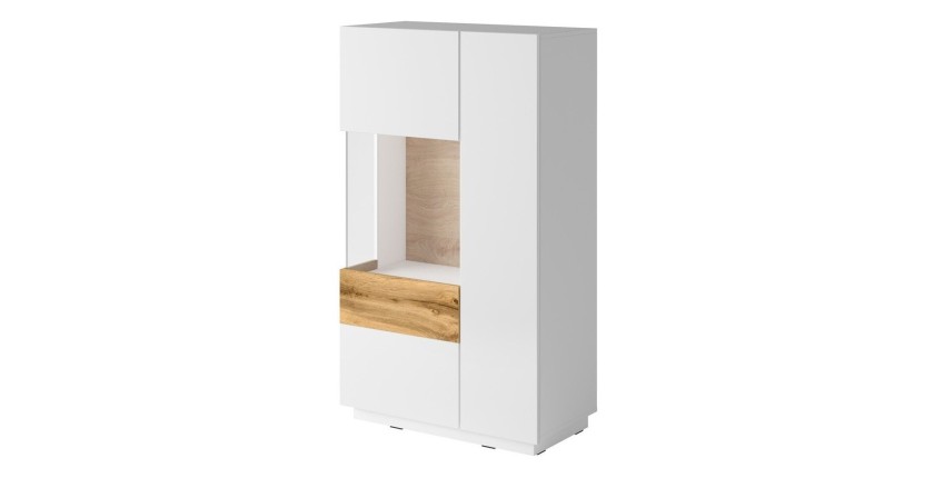 Buffet haut avec collection KILES deux portes. Coloris blanc et chêne. Porte vitrée à gauche