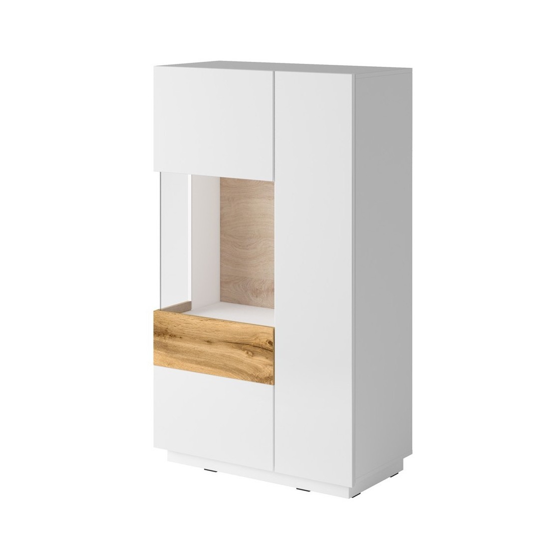 Buffet haut avec collection KILES deux portes. Coloris blanc et chêne. Porte vitrée à gauche