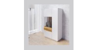 Buffet haut avec collection KILES deux portes. Coloris blanc et chêne. Porte vitrée à gauche