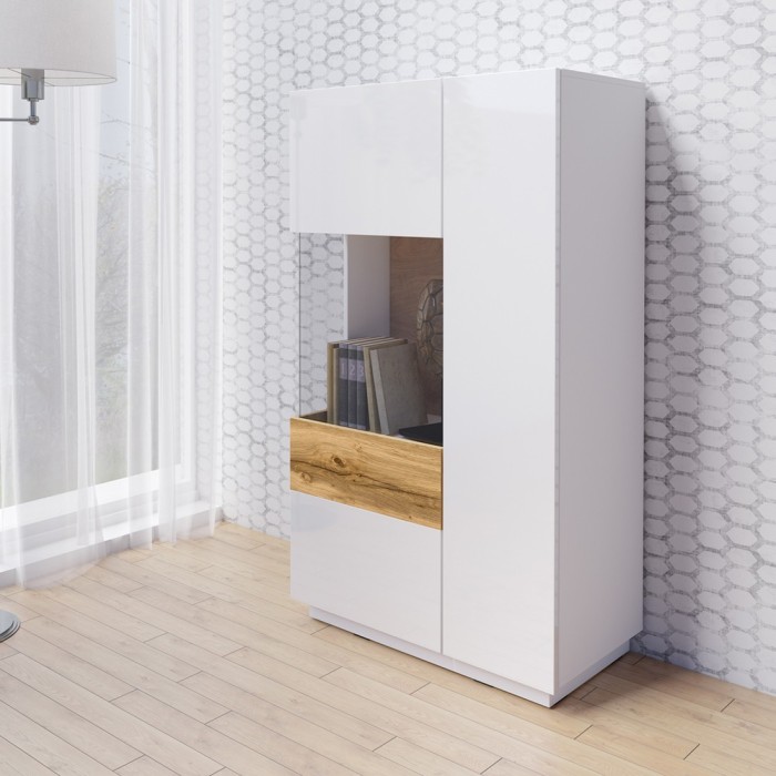 Buffet haut avec collection KILES deux portes. Coloris blanc et chêne. Porte vitrée à gauche