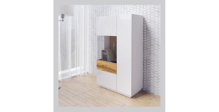 Buffet haut avec collection KILES deux portes. Coloris blanc et chêne. Porte vitrée à gauche