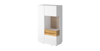 Buffet haut collection KILES deux portes. Coloris blanc et chêne. Porte vitrée à droite