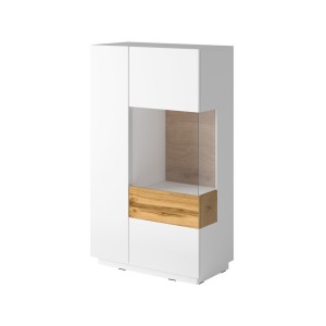 Buffet haut collection KILES deux portes. Coloris blanc et chêne. Porte vitrée à droite