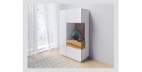Buffet haut collection KILES deux portes. Coloris blanc et chêne. Porte vitrée à droite