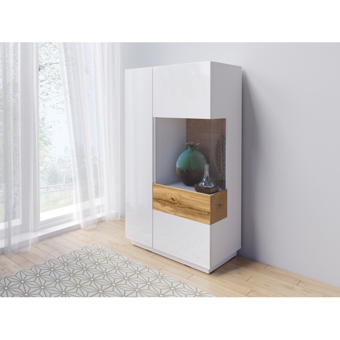 Buffet haut collection KILES deux portes. Coloris blanc et chêne. Porte vitrée à droite