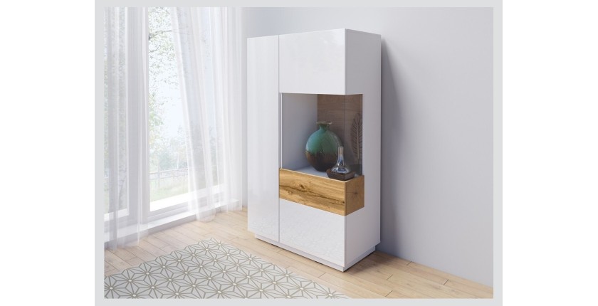 Buffet haut collection KILES deux portes. Coloris blanc et chêne. Porte vitrée à droite
