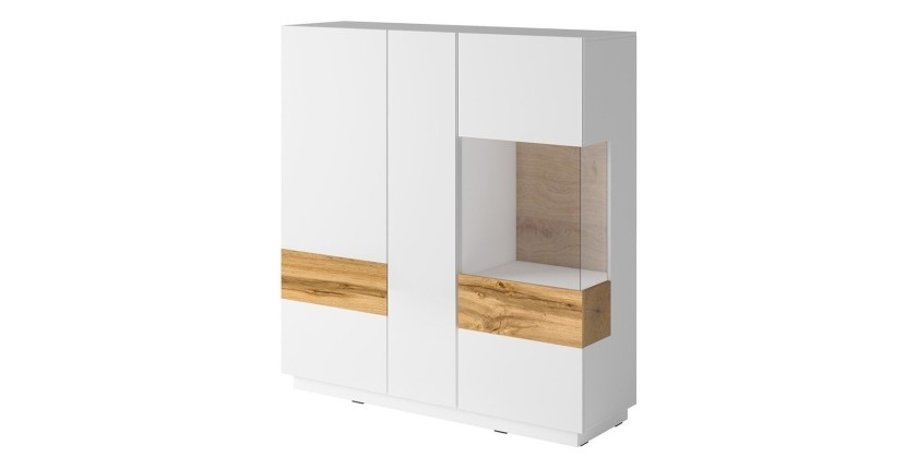 Buffet haut KILES trois portes. Coloris blanc et chêne. Style design