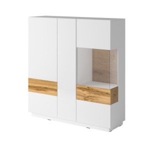 Buffet haut KILES trois portes. Coloris blanc et chêne. Style design