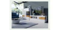 Buffet haut KILES trois portes. Coloris blanc et chêne. Style design