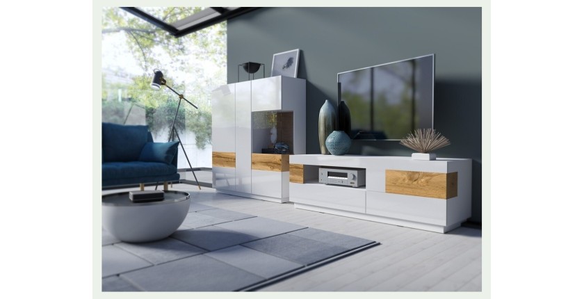 Buffet haut KILES trois portes. Coloris blanc et chêne. Style design