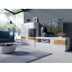 Buffet haut KILES trois portes. Coloris blanc et chêne. Style design