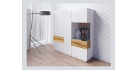 Buffet haut KILES trois portes. Coloris blanc et chêne. Style design