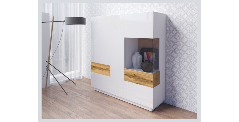Buffet haut KILES trois portes. Coloris blanc et chêne. Style design