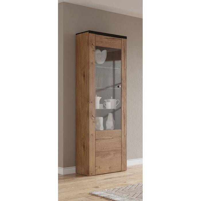 Vitrine haute design 1 porte collection SANTIAGO. Coloris chêne et noir effet bois