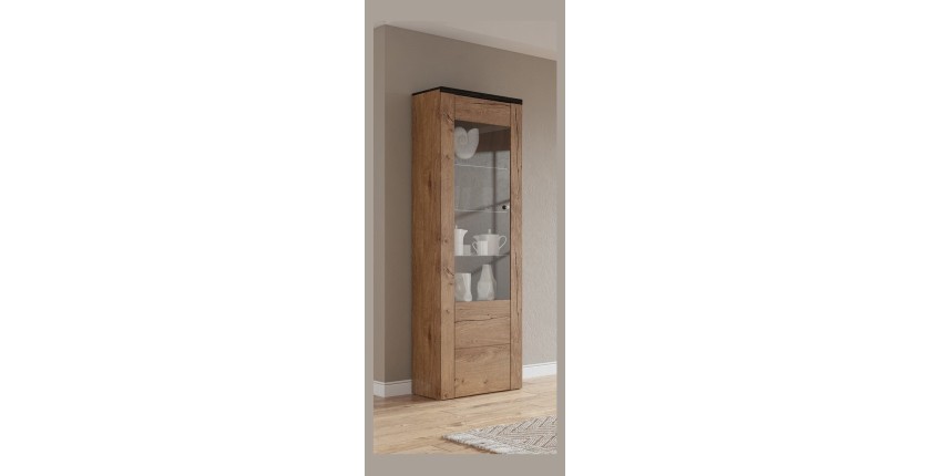 Vitrine haute design 1 porte collection SANTIAGO. Coloris chêne et noir effet bois