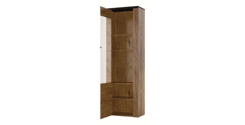 Vitrine haute design 1 porte collection SANTIAGO. Coloris chêne et noir effet bois