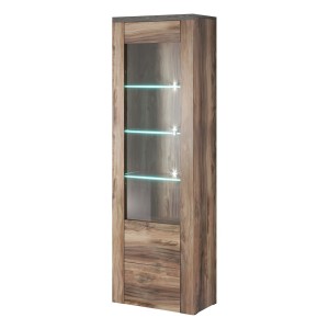 Vitrine haute design 1 porte, collection SANTIAGO. Coloris noyer et noir effet bois