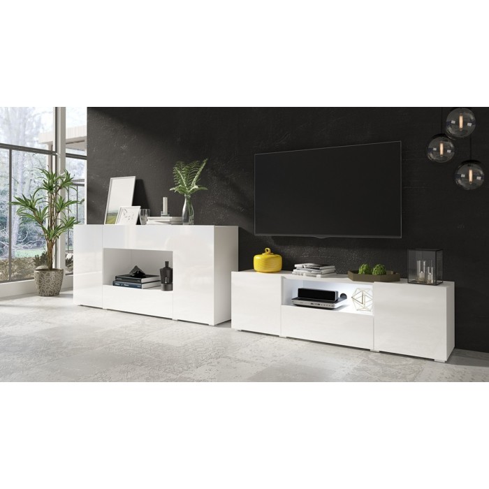 Buffet XL design 180cm pour salon couleur blanc brillant collection PAROS