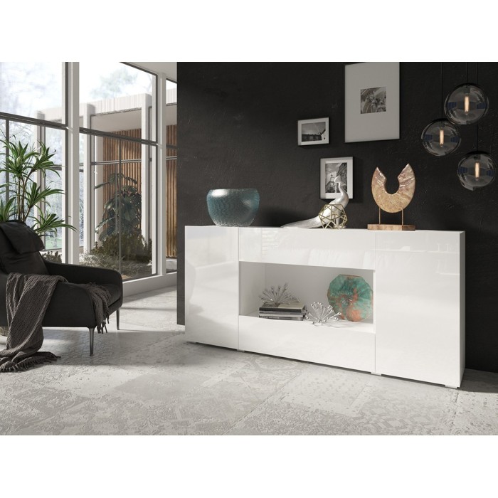 Buffet XL design 180cm pour salon couleur blanc brillant collection PAROS