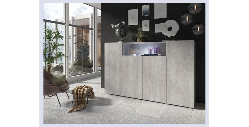 Buffet haut XL avec 4 portes et 1 niche, couleur gris aspect béton collection PAROS