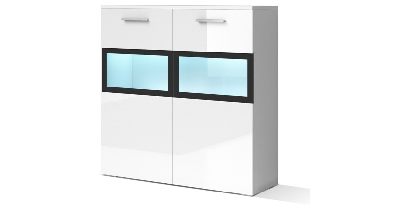 Buffet 90cm pour salon avec 2 portes vitrées couleur blanc brillant collection CONNOR