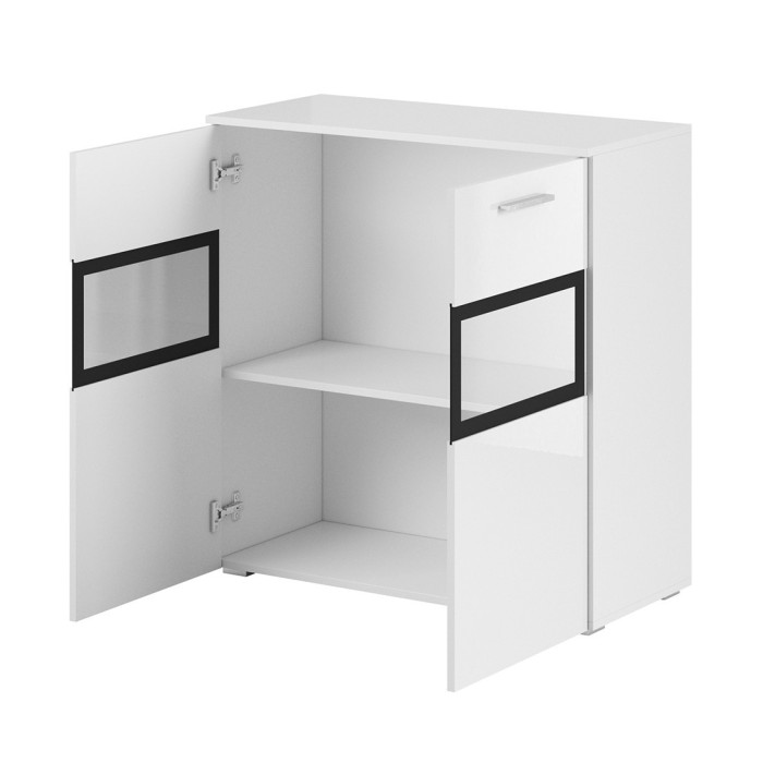 Buffet 90cm pour salon avec 2 portes vitrées couleur blanc brillant collection CONNOR