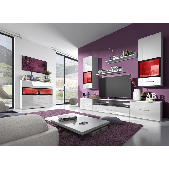 Buffet 90cm pour salon avec 2 portes vitrées couleur blanc brillant collection CONNOR