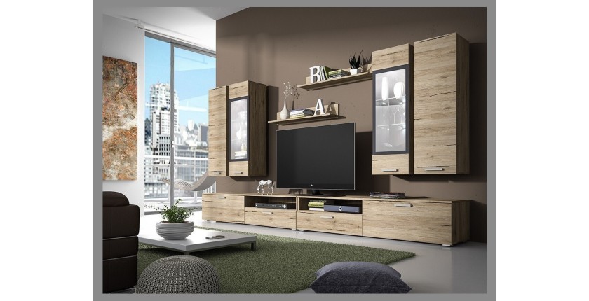 Composition XL de 8 meubles design pour salon couleur chêne et gris anthracite collection CONNOR