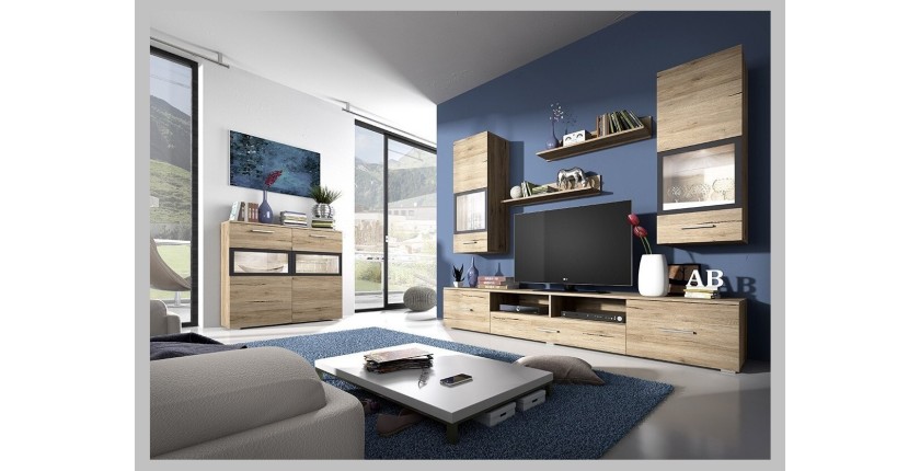 Composition de 5 meubles design pour salon couleur chêne et gris anthracite collection CONNOR