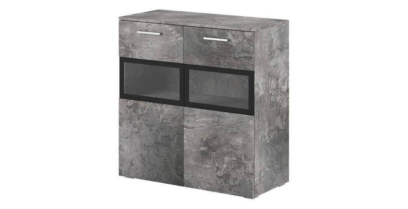 Buffet 90cm pour salon avec 2 portes vitrées couleur effet ardoise collection CONNOR