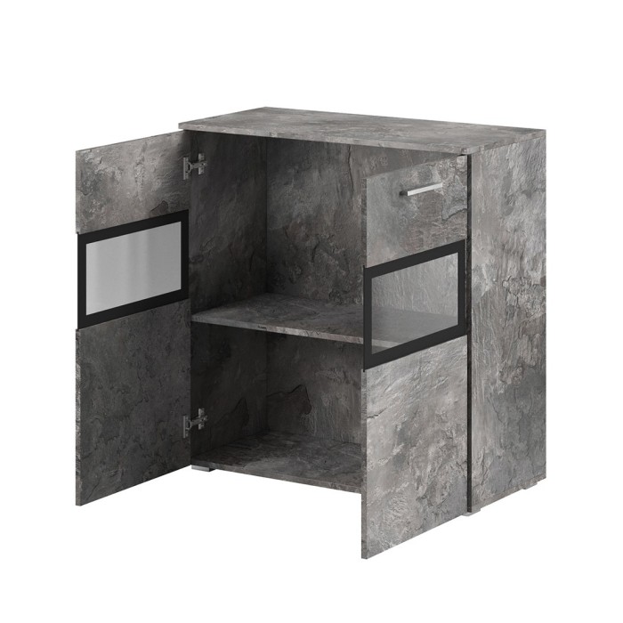 Buffet 90cm pour salon avec 2 portes vitrées couleur effet ardoise collection CONNOR