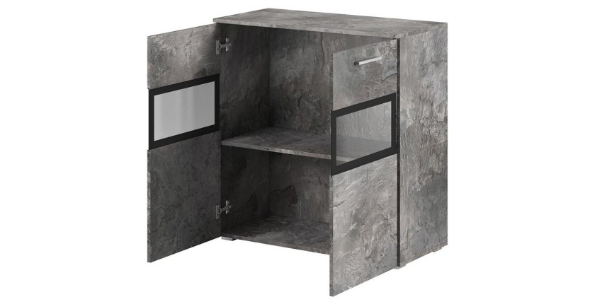 Buffet 90cm pour salon avec 2 portes vitrées couleur effet ardoise collection CONNOR