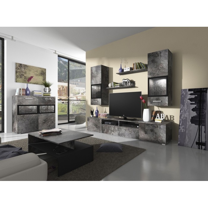 Buffet 90cm pour salon avec 2 portes vitrées couleur effet ardoise collection CONNOR