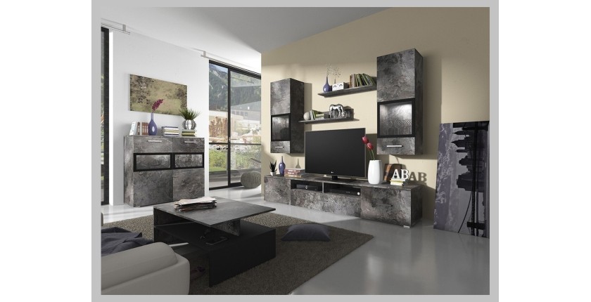 Buffet 90cm pour salon avec 2 portes vitrées couleur effet ardoise collection CONNOR