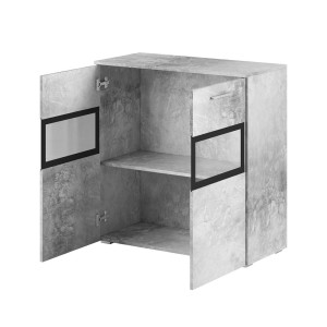 Buffet 90cm pour salon avec 2 portes vitrées couleur gris effet béton collection CONNOR