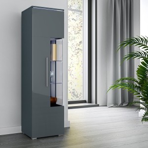 Vitrine haute design avec éclairage collection BOMBAY. Coloris gris brillant. Ouverture Gauche