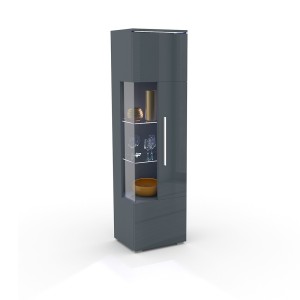 Vitrine haute design avec éclairage multicolore collection BOMBAY. Coloris gris brillant. Ouverture Droite