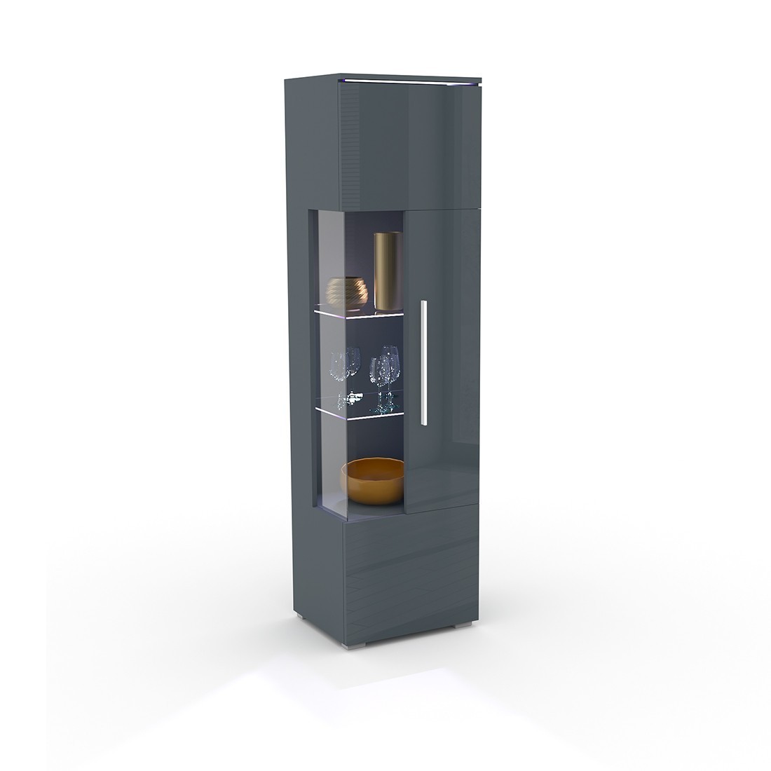Vitrine haute design avec éclairage multicolore collection BOMBAY. Coloris gris brillant. Ouverture Droite