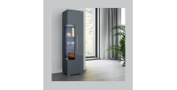 Vitrine haute design avec éclairage multicolore collection BOMBAY. Coloris gris brillant. Ouverture Droite