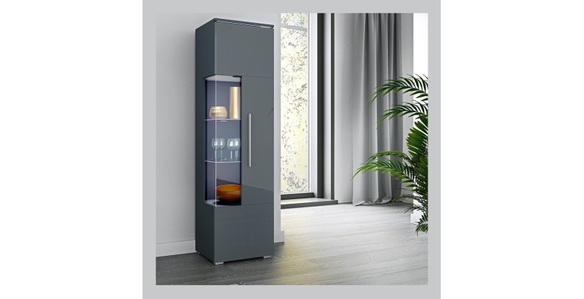 Vitrine haute design avec éclairage multicolore collection BOMBAY. Coloris gris brillant. Ouverture Droite