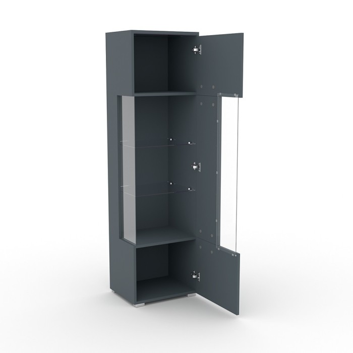 Vitrine haute design avec éclairage multicolore collection BOMBAY. Coloris gris brillant. Ouverture Droite