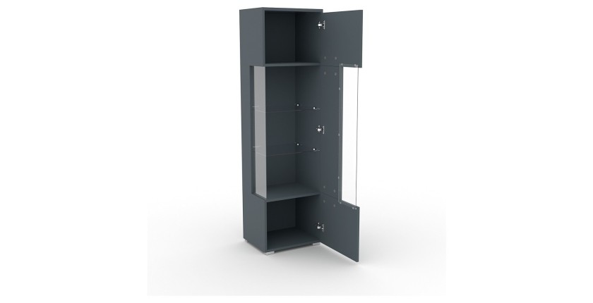 Vitrine haute design avec éclairage multicolore collection BOMBAY. Coloris gris brillant. Ouverture Droite
