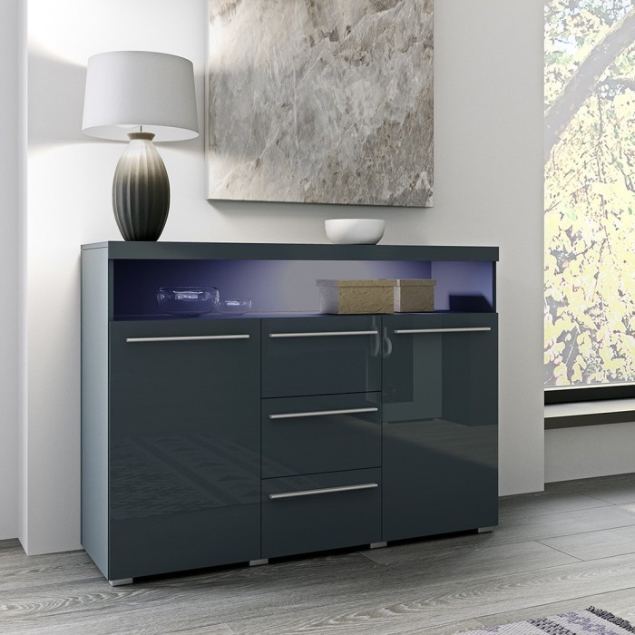 Buffet 130cm pour salon couleur gris brillant collection BOMBAY