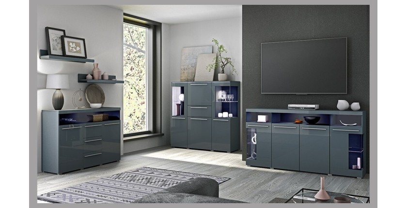 Buffet 130cm pour salon couleur gris brillant collection BOMBAY