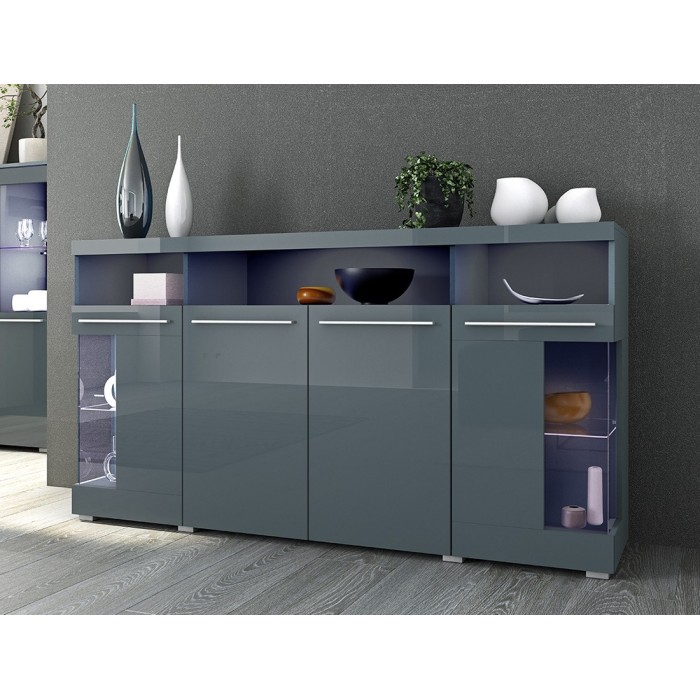 Buffet XL 180cm avec 4 portes couleur gris brillant collection BOMBAY
