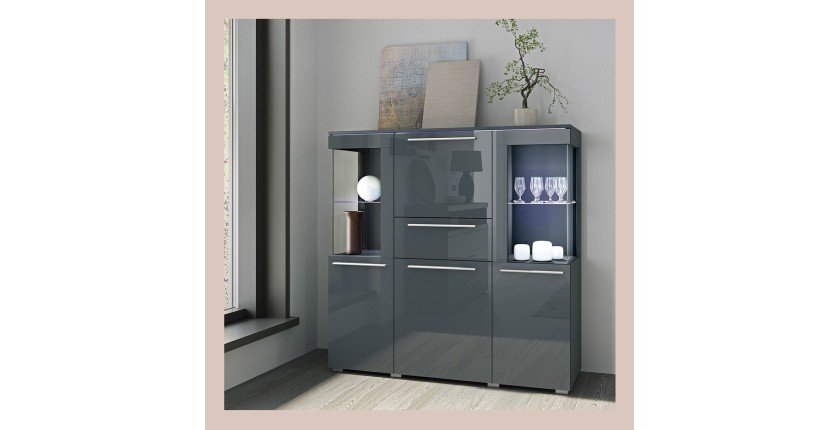 Buffet haut pour salon couleur gris brillant collection BOMBAY
