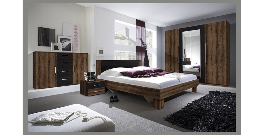 Lit adulte 160x200 collection IRINA. Coloris chêne foncé et noir